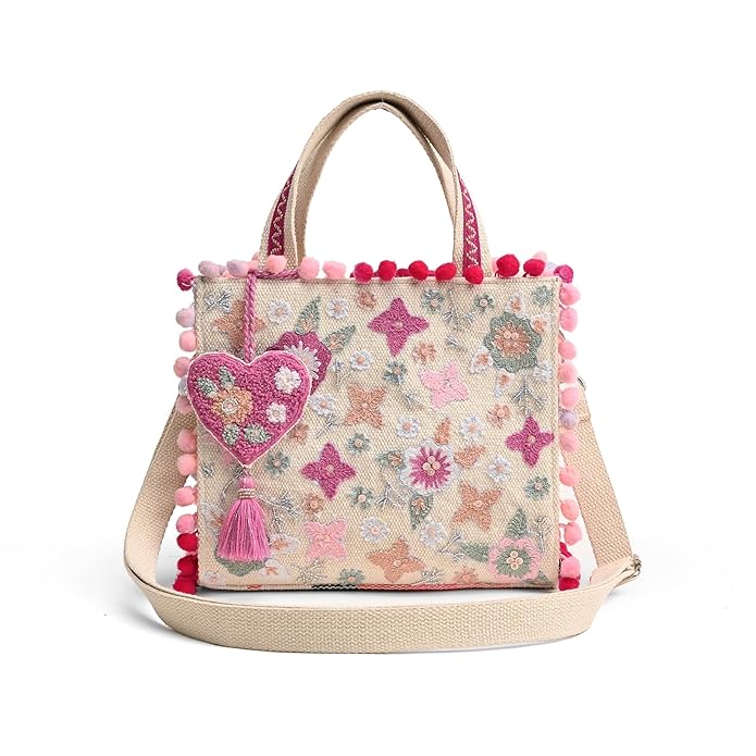 boho-bag-fashion State Digest Boho Girl Whimsical Multicolor Jacquard Mini Blush Tote with Adjustable Strap | Wedding Gifts | Handbag For Girls | Birthday Gifts