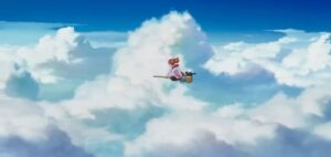 Mary and Tib flying over the clouds